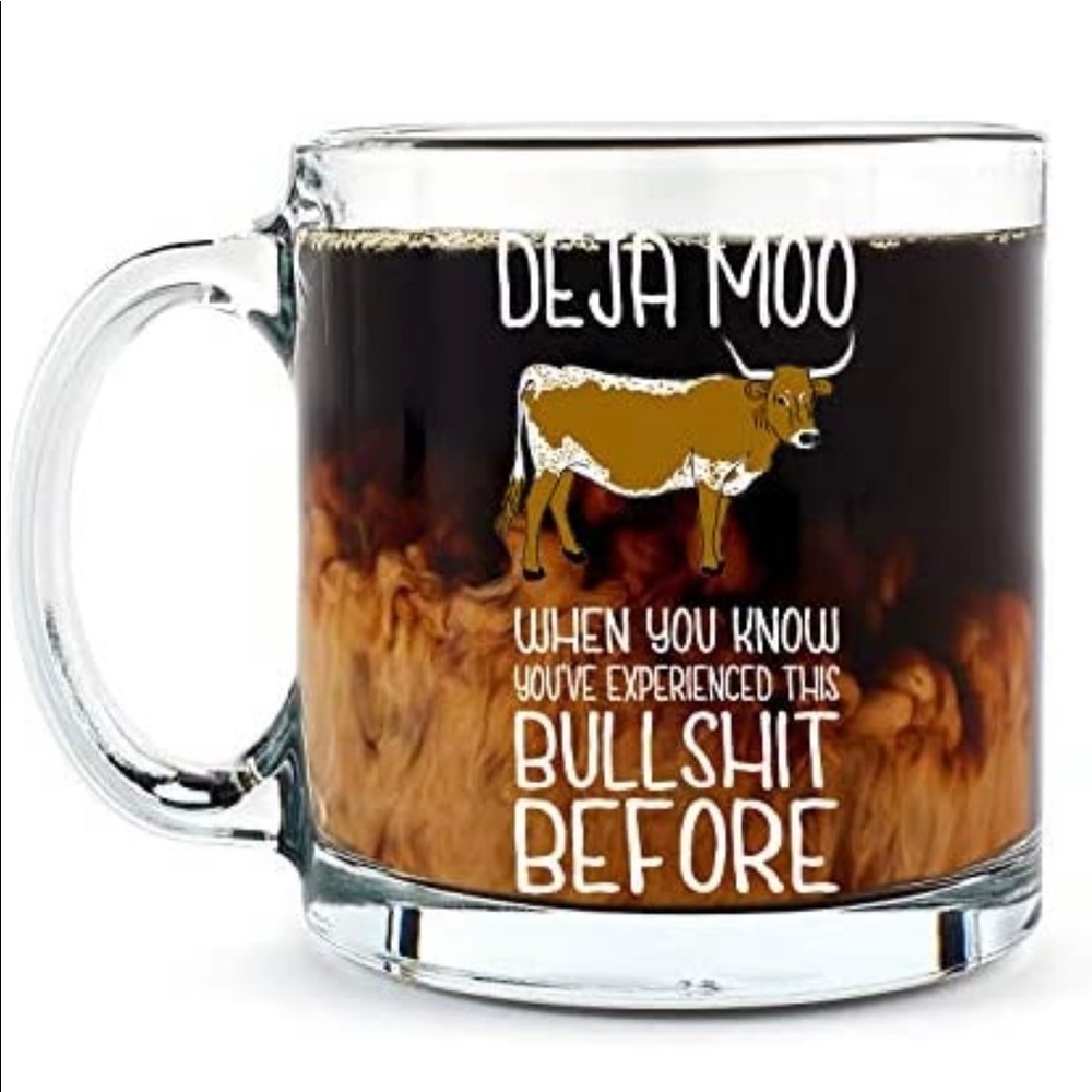 Deja Moo glass coffee mug NEW 13 ounces